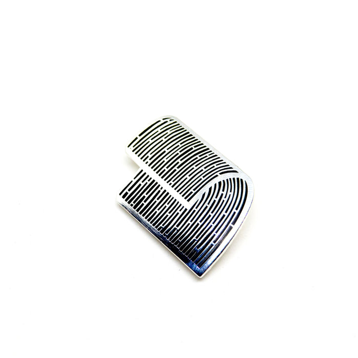 hard enamel pin, tidal wave flop shape with intricate bamboo-like pattern, silver outlines on black background