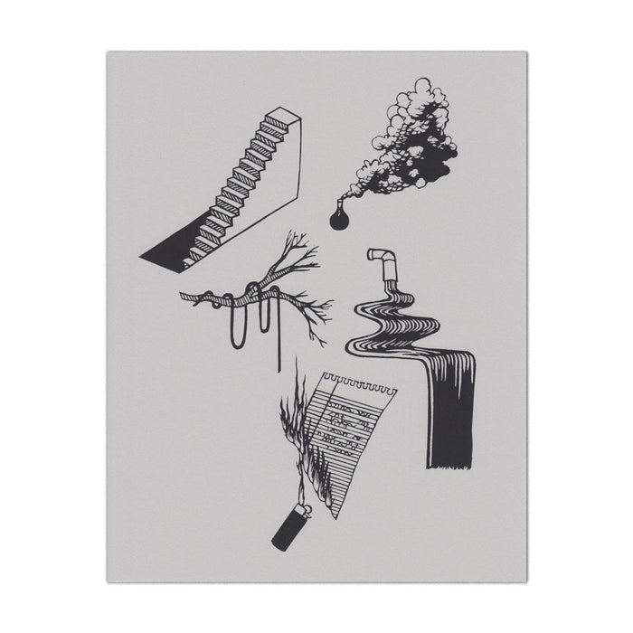 hand-printed screenprint, a collection of paper designs printed in black ink on grey paper, stairs descending into the floor, smoke from beaker, rope draped on a tree branch, faucet with ribbon-like water, lighter burning a handwritten note