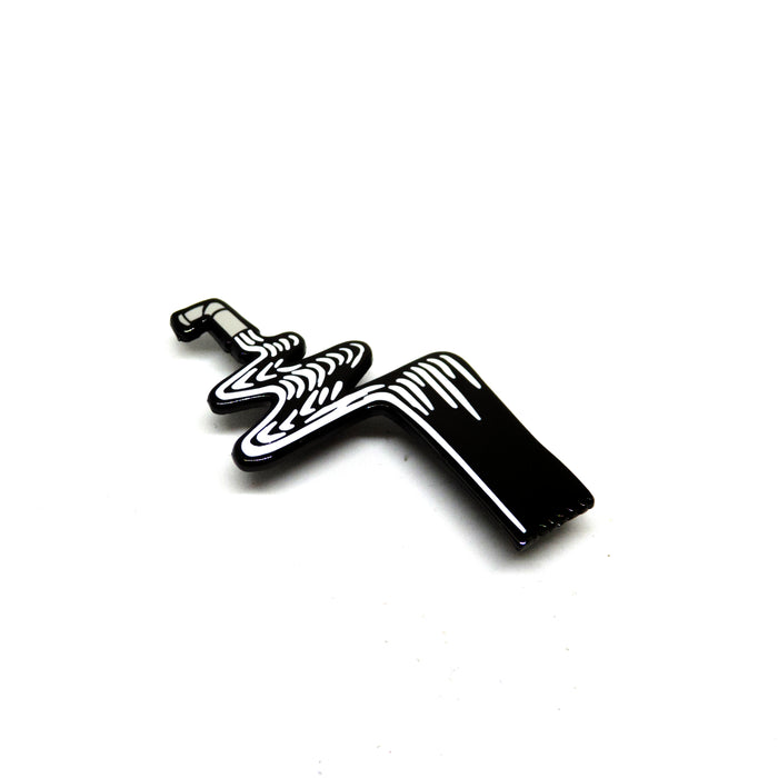 hard enamel pin, ribbon-like water flows out of a grey faucet, black outlines with white highlights