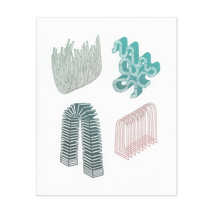 hand-printed screenprint, a collection of four abstract paper cut designs printed in many, gradated pastel colors, nest-like bowl, puzzle-shaped curling taffy, structure that looks like a square slinky, overlapping arches