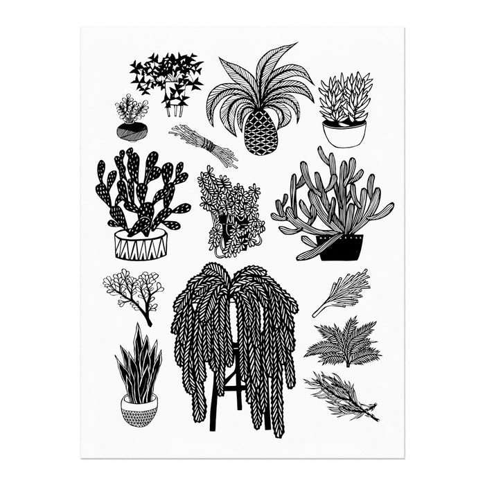hand-printed screenprint, an arrangement of plant designs translated from paper cuts, black ink on white paper