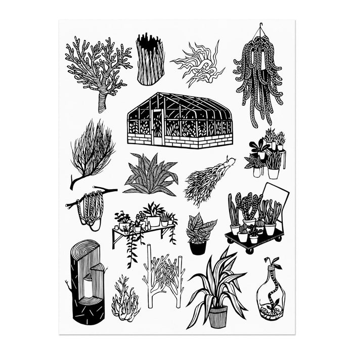 hand-printed screenprint, an arrangement of plant designs translated from paper cuts, the largest design is a greenhouse, black ink on white paper