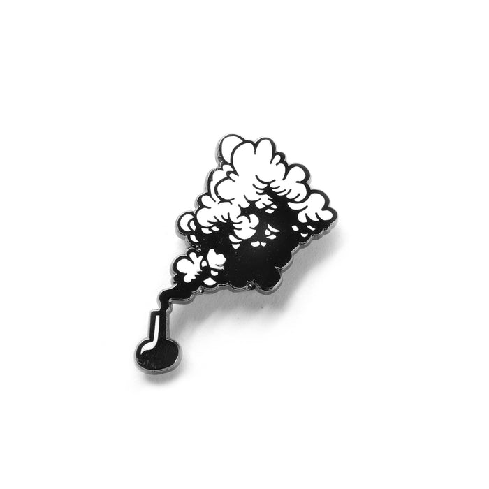 hard enamel pin, smoke emerging from a beaker, black background with white highlights